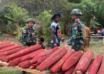 Satgas Yonif 521/DY Turut Hadir Acara Pameran Buah Merah di Distrik Kelila